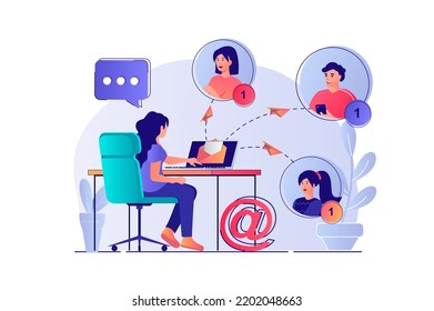 Email service concept with people scene. Woman keeping online correspondence, chatting, receiving and sending letters for online friends. Vector illustration with characters in flat design for web