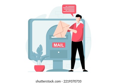 Concepto de servicio de correo electrónico con escenas de personas en diseño plano. El hombre pone un enorme sobre en el buzón y envía una nueva carta usando el cliente de correo en el ordenador. Ilustración de vector con situación de caracteres para web