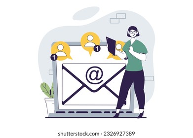 Email service concept with people scene in flat design for web. Woman creating new business mailing for group of clients at laptop. Vector illustration for social media banner, marketing material.