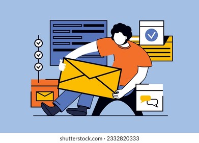 Email service concept with people scene in flat design for web. Man making newsletters, sending letters and communicating online. Vector illustration for social media banner, marketing material.