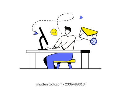 Email service concept with people scene in the flat cartoon design. An office worker answers customer emails. Vector illustration.