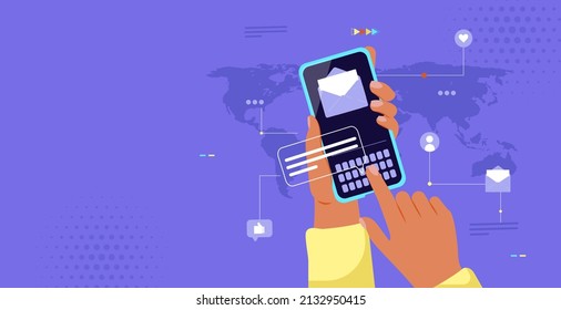 Email service concept. People using smartphones and chatting. Envelope icon or message on screen vector illustration. E-mail, social media communication application, new message web banner template.