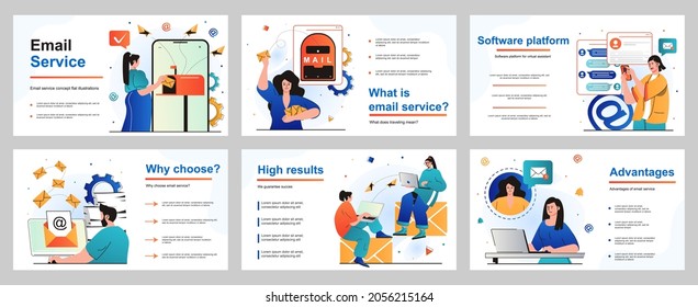 Email Service Concept For Presentation Slide Template. People Sending And Receiving Letters, Advertising Or Newsletter Mails. Online Correspondence Applications. Vector Illustration For Layout Design