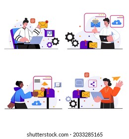 Email service concept scenes set. People send and receive letters or messages, make advertising mailings, online correspondence services or apps. Vector illustration collection in trendy flat design