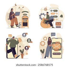 Email service concept scenes set in flat web design. People in situations of sending emails at phone or laptop apps, reading online letters and messages, receiving notifications. Vector illustrations.