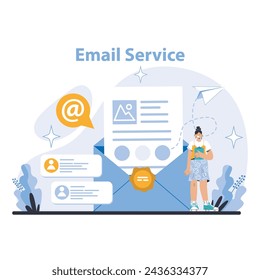 Email Service concept. Seamless digital communication and data exchange. User engagement with secure messaging. Flat vector illustration.