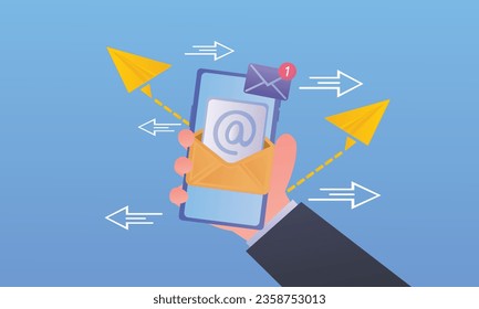 Email service concept Smartphone mobile phone sending SMS.on blue background.Vector Design Illustration.