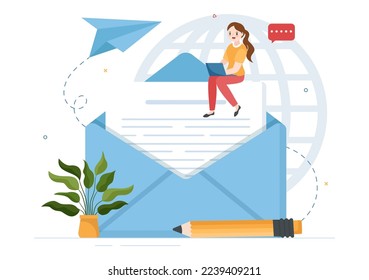 Email Service with Correspondence Delivery, Electronic Mail Message and Business Marketing in Flat Cartoon Hand Drawn Templates Illustration