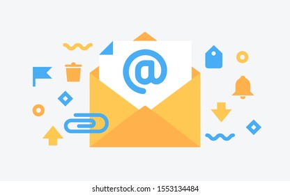 Email service. Flat  vector illustration. Electronic mail message concept as part of business marketing. Webmail or mobile service layout for website landing header. Newsletter sending background. 