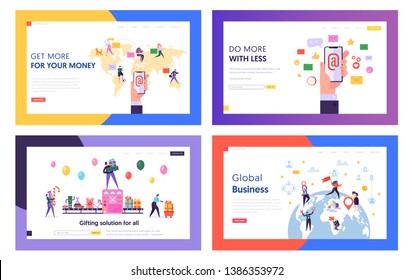 E-mail Service, Global Business, Gifts Purchasing Website Landing Page Templates Set. People Using Electronic Mail, Buying Presents, Expanding Biz Web Page. Cartoon Flat Vector Illustration, Banner