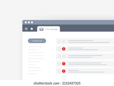 E-Mail-Service-Schnittstelle mit 5 neuen Nachrichten und Spam. Vektorgrafik im flachen Design des E-Mail-Dienstes, der im Browserfenster mit Tabulatorbenachrichtigung geöffnet wird