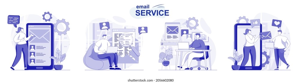 Email service isolated set in flat design. People send and receive letters, personal correspondence, collection of scenes. Vector illustration for blogging, website, mobile app, promotional materials.