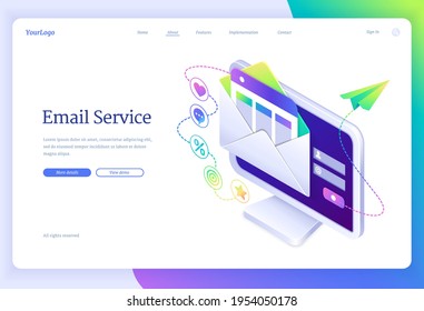 Email service isometric landing page with letter envelope on computer desktop. Electronic messages as part of business marketing. Webmail newsletter sending or receiving concept, 3d vector web banner