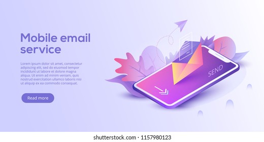 Email service isometric vector illustration. Electronic mail message concept as part of business  marketing. Webmail or mobile service layout for website landing header. Newsletter sending background.