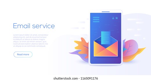 Email service isometric vector illustration. Electronic mail message concept as part of business  marketing. Webmail or mobile service layout for website landing header. Newsletter sending background.