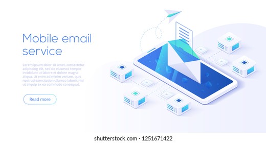 Email Service Isometric Vector Illustration. Electronic Mail Message Concept As Part Of Business  Marketing. Webmail Or Mobile Service Layout For Website Landing Header. Newsletter Sending Background.