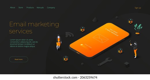 Servicio de correo electrónico en ilustración vectorial isométrica. El concepto de mensaje de correo electrónico como marketing de negocios. Boletín que envía el diseño del servicio móvil o el correo web. Plantilla de banner Web.