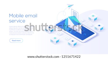 Email service isometric vector illustration. Electronic mail message concept as part of business  marketing. Webmail or mobile service layout for website landing header. Newsletter sending background.