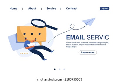 Email service landing page with letter envelope on computer desktop. Web template banner