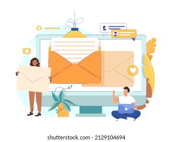 Email service with letter envelope on computer desktop concept. Electronic messages as part of business marketing.  Webmail or mobile service. Vector illustration. Mobile e-mail notification concept.