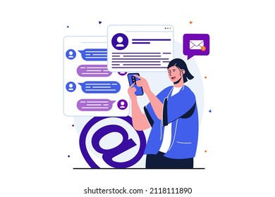 Email service modern flat concept for web banner design. Woman communicates online using chats, instant messengers and email, networking at mobile phone. Vector illustration with isolated people scene