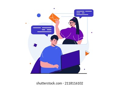 Email service modern flat concept for web banner design. Man and woman communicate online by sending messages to each other or chatting at program. Vector illustration with isolated people scene