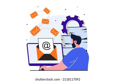 Email service modern flat concept for web banner design. Man reads and responds to incoming letters while sitting at computer. Online correspondence. Vector illustration with isolated people scene