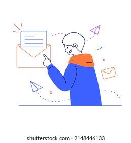 Servicio de correo electrónico concepto plano moderno para diseño de banderas web hombre enviar carta con ilustración