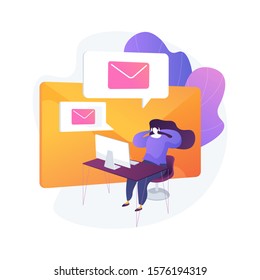 Email service, online correspondence, internet communication. Electronic mail box, message bunch, incoming letters. Female addressee cartoon character. Vector isolated concept metaphor illustration.