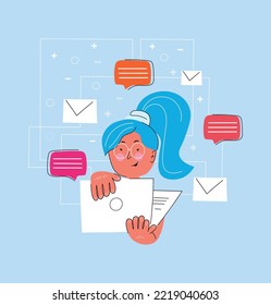 Email service, online correspondence, internet communication. Electronic mail box, message bunch, incoming letters. Female addressee cartoon character. Vector isolated concept metaphor illustration.