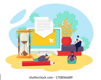 Email service, people sending letters concept, vector illustration. Mail marketing, flat newsletter and business computer online web design. Envelope message, cartoon post and digital mailbox concept.