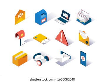 Email Service Provider Isometric Icons Set. Delivery Box, Mail Envelope, Postbox, Mobile Application For Online Messaging. Email Subscribe, Online Newsletter And Internet Marketing 3d Vector Isometry.