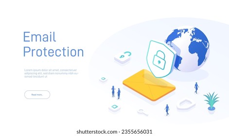 Email service security concept. Creative vector isometric illustration. Electronic mail message as part of business marketing. Webmail or mobile service layout for website landing page.