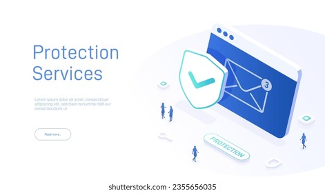 Email service security concept. Creative vector isometric illustration. Electronic mail message as part of business marketing. Webmail or mobile service layout for website landing page.