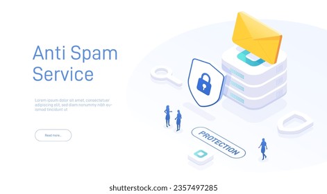 Concepto de seguridad del servicio de correo electrónico. Ilustración isométrica vectorial creativa. Mensaje de correo electrónico como parte del marketing de negocios. Sitio web o distribución de servicio móvil para la página de inicio del sitio web.
