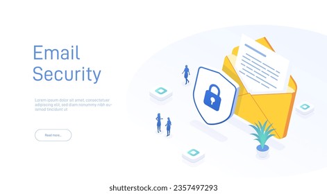 Email service security concept. Creative vector isometric illustration. Electronic mail message as part of business marketing. Webmail or mobile service layout for website landing page.