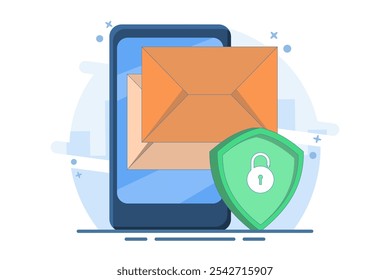 Email service security concept, Electronic email messages as part of business marketing. Cybersecurity, digital data protection suite. Protecting online access to email in an electronic mailbox.