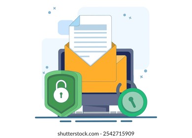 Email service security concept, Electronic email messages as part of business marketing. Cybersecurity, digital data protection suite. Protecting online access to email in an electronic mailbox.