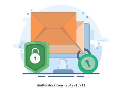 Concepto de seguridad del servicio de correo electrónico, mensajes de correo electrónico Electrónicas como parte del marketing empresarial. Ciberseguridad, paquete de protección de datos digitales. Proteger el acceso en línea al correo electrónico en un buzón electrónico.
