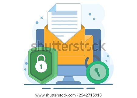 Email service security concept, Electronic email messages as part of business marketing. Cybersecurity, digital data protection suite. Protecting online access to email in an electronic mailbox.