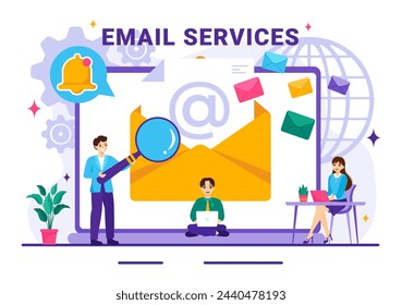 Ilustración vectorial de servicio de correo electrónico con entrega de correspondencia de archivo, mensaje de correo electrónico y marketing empresarial en fondo plano de dibujos animados