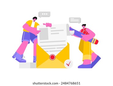 Ilustración vectorial del servicio de correo electrónico con entrega de correspondencia de archivos, mensajería de correo Electrónica y marketing empresarial en un fondo plano de dibujos animados