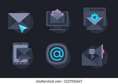 E-Mail-Service Web-Konzept der 3D-Papier-Symbole Set. Pack flache Piktogramme der Online-Korrespondenz, Senden und Schreiben von Briefen, Werbung Mailing, Messenger. Vektorelemente für Webseiten im dunklen Stil