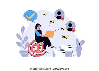 Email service web concept with cartoon people design. Woman sends business letters and messages with announcement, chatting online with friends. Flat vector illustration isolated on white background.