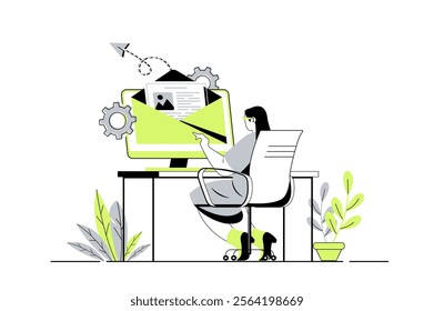 Email service web concept with flat cartoon people for website design. Woman chatting online with electronic letters, receiving and sending mails, getting notification to mailbox. Vector illustration.
