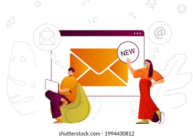Email service web concept. Online communication technology, send new messages. People scene with flat line characters design for website. Vector illustration for social media promotional materials