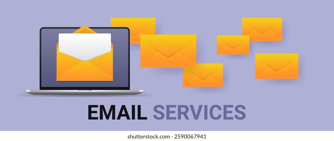 Email services concept illustration. Realistic vector laptop with many yellow flying envelopes