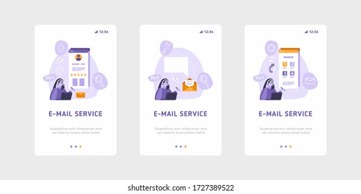 Servicios de correo electrónico y plantilla de vector de marketing. la mujer con auriculares está trabajando en la estrategia de marketing de servicios de correo electrónico.