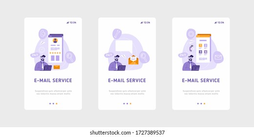 Servicios de correo electrónico y plantilla de vector de marketing. man con auriculares está trabajando en la estrategia de marketing de servicios de correo electrónico.