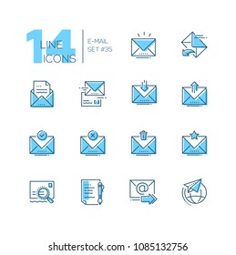 Email - set of line design style icons isolated on white background. Minimalistic pictograms. Main options, send, receive, delete, save, important letter, draft, international correspondence